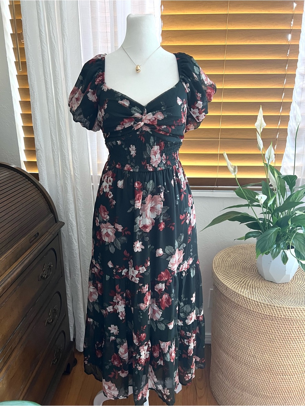Trixxi Black Maxi Dress with Rose and Blush Floral Print